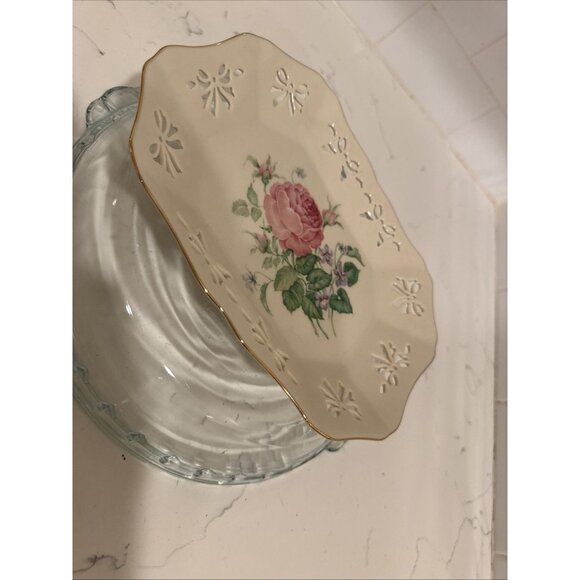 Victorian Rose Collection by Lenox Pierced Ribbon Rectangular Vanity Tray 9" USA - Picture 8 of 16